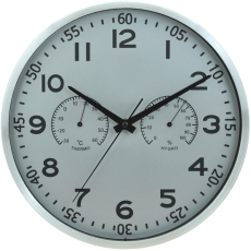 Zegar ścienny 30cm wiszący termometr higrometr srebrny okrągły duże cyfry