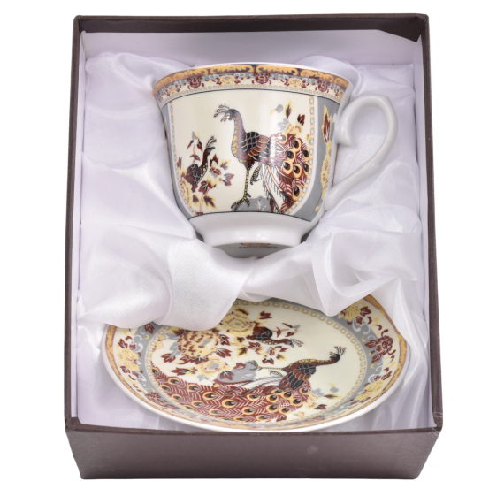 Filiżanka spodek porcelana brązowe pawie 270ml 1+1