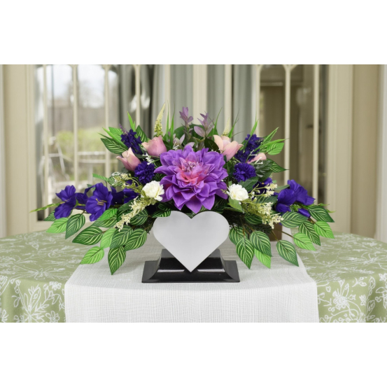 WIĄZANKA NA CMENTARZ SERCE - Stroik Fioletowa Dalia + Róże 62cm